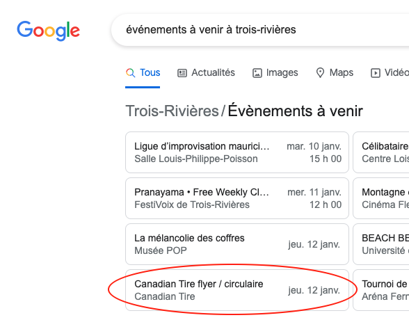 christianroy's tweet photo. Ce n'est pas nouveau que la recherche d'événements sur Google retournent des résultats parfois, douteux, mais celui-ci est probablement le plus drôle (comme dans «rire jaune») que j'ai vu jusqu'à maintenant. https://t.co/jLaWPRkt9X