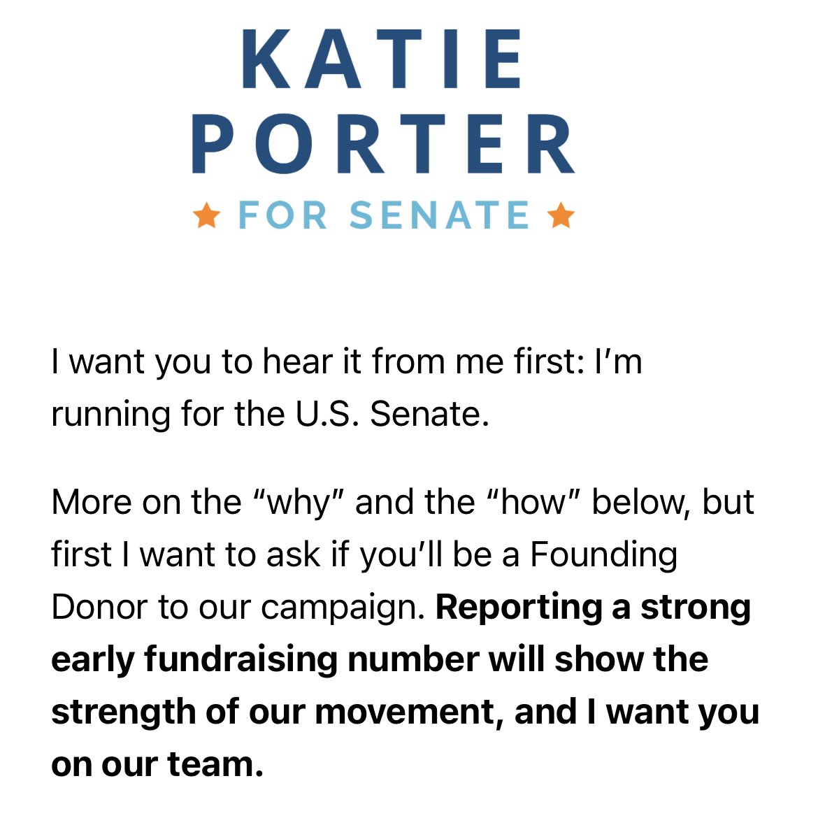 Katie porter announces her run for the senate in California in an email. Feinstein is up in 2024.