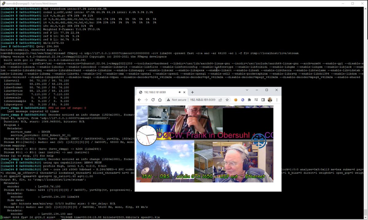 geekc0der's tweet image. I did some experiments using longmynd/nginx/rtmp to stream received video from qo-100 to a web browser. The #ffmpeg encoding didn&apos;t work well on a pi4, but seems a lot more usable on the #orangepi5, not perfect, but good enough to start tweaking it

#datv