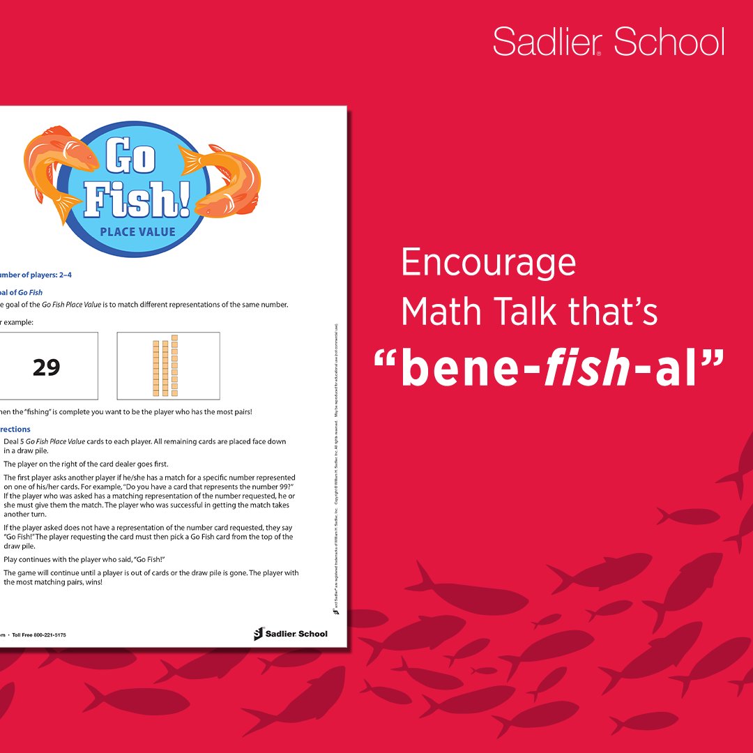 SadlierSchool's tweet photo. Get students talking about math as they play Go Fish in a new way. An ideal math center activity, students match different representations of the same number. 🐬 https://t.co/OEDmTSOkop
#SadlierMath #MathChat #ElemChat #MathTeacher #MathActivity https://t.co/u0VrxM7fm8