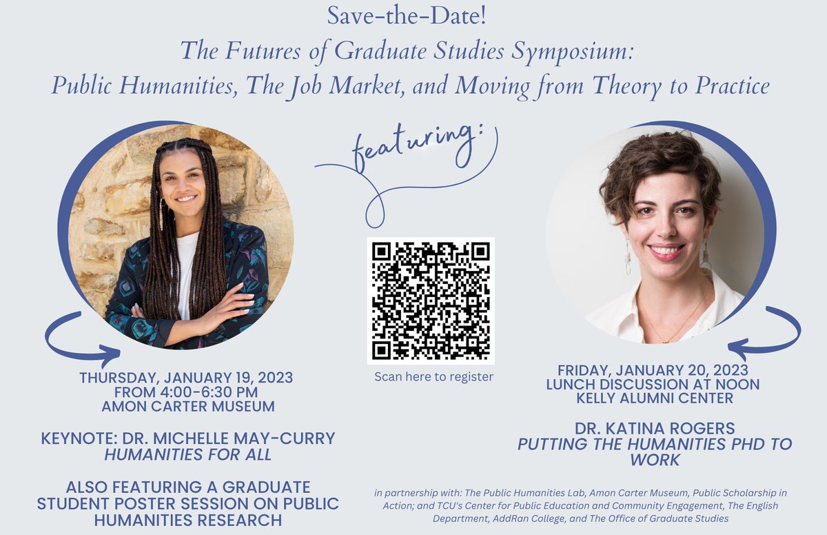HumanitiesAll's tweet image. This month #HumanitiesforAll @mmaycurry will keynote @TCU&apos;s Future of Graduate Studies Symposium with @katinalynn and in convo with @_drstacie_. She&apos;ll be talking about @HumanitiesAll&apos;s forthcoming report on #publichumanities training and her experience doing PH work @umichAmCult