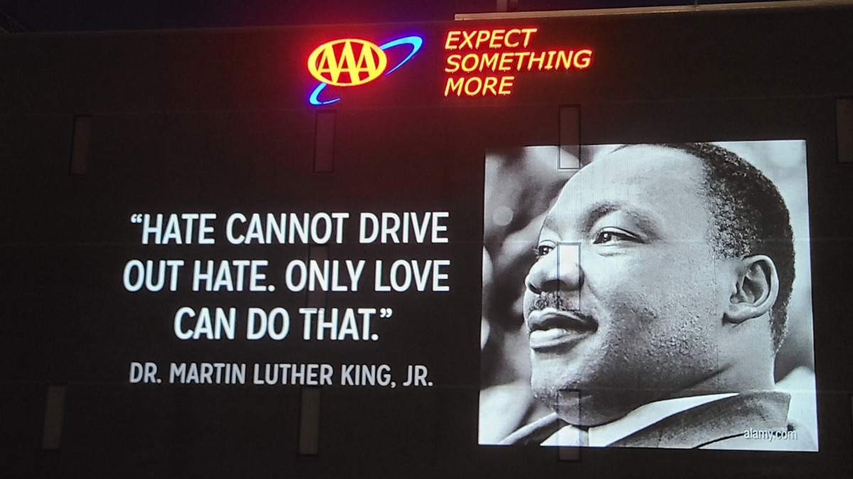 AAAWisconsin's tweet photo. As we honor the legacy of Dr. Martin Luther King, Jr., we’re projecting his words of wisdom on our Michigan headquarters and reminding ourselves that the time is always right to do what’s right for our members. #WeAreAAA https://t.co/vlJVj6C4Cj