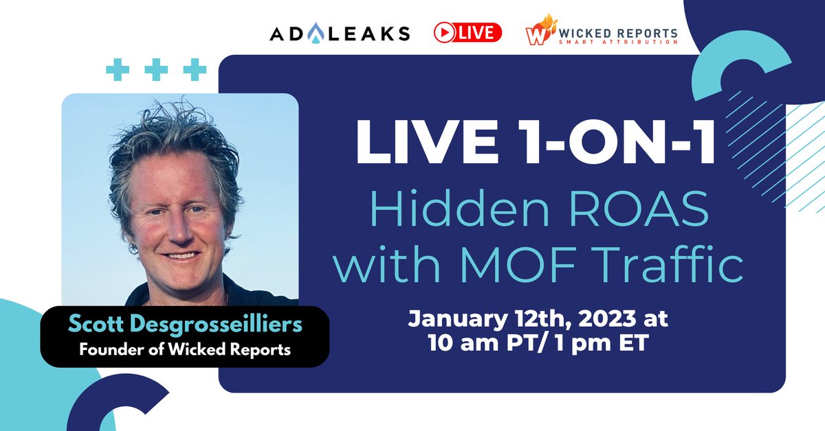 Join Scott Desgrosseilliers, CEO of <a href="/wickedreports/">WickedReports</a> and <a href="/iamjustinb/">Justin Brenner</a> as they dive in and look at uncovering the hidden ROAS with MOF traffic.

Streamed live in our free Facebook Ad Buyers group on Thursday, January 12th at 10am PT / 1pm ET.

Join here: facebook.com/groups/1322993…
