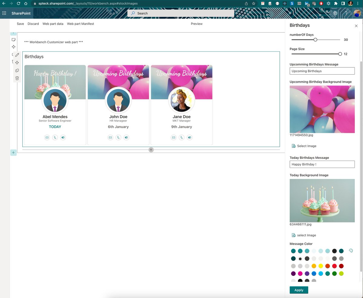 joaojmendes's tweet image. Working on ... New Birthdays SPFx  App for SP and Teams 🙏🧡🧡🙂 

#SPFx #ReactJS #FluentUI #M365Dev #TypeScript