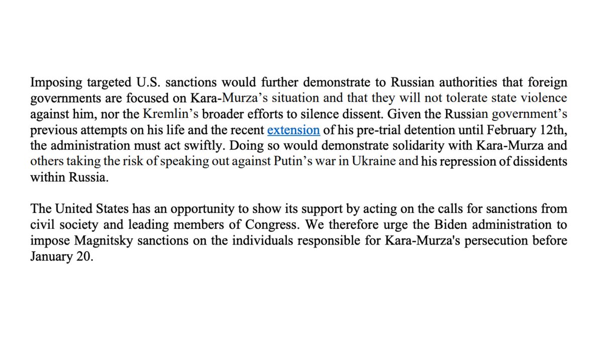 Today HRF joined several human rights organizations urging @POTUS to impose #Magnitsky sanctions on those involved in the arbitrary detention of Russian activist, Vladimir Kara-Murza @vkaramurza. Read the letter here: buff.ly/3QwDpKv