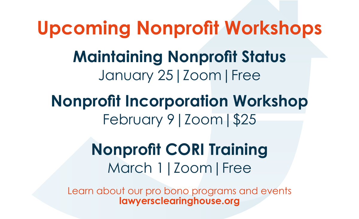 Join us at an upcoming virtual #nonprofit workshop to learn more about maintaining tax-exempt status, the incorporation process, or assisting clients who have MA criminal records (CORI). Head to our calendar to learn more: bit.ly/ClearinghouseC…