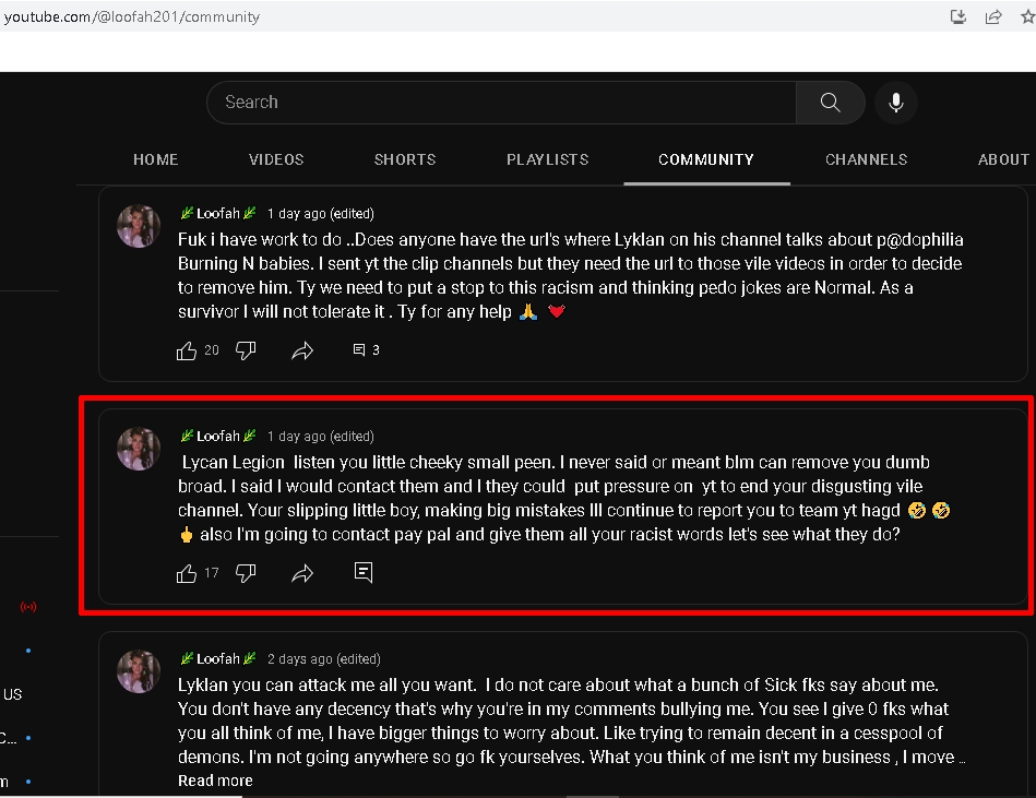 Craftonia's tweet photo. @StickTroof @ReadingswTrish @LoofahLoofah2 @TeamYouTube @Lycantheory If you need evidence that she is the antagonist in this situation take a look at things like this. Highlights for emphasis, look how MUCH is on her wall in just ONE DAY about him. Prior to this he had never mentioned her name.
URL of her wall is contained in each image. https://t.co/Fa9oXGgqMk