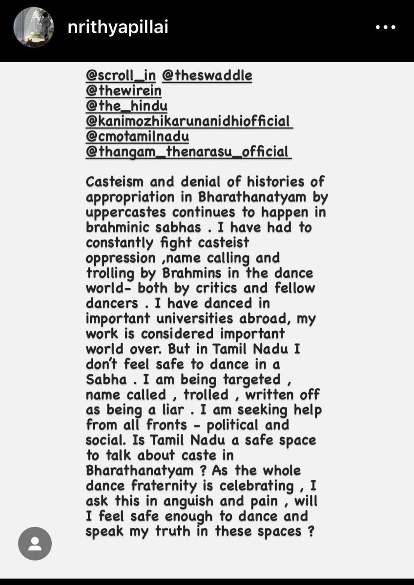 nrithyapillai's tweet image. Make the world of CLASSical dance and music inclusive and progressive. As a victim of casteism and oppression within the world of Bharathanatyam I seek help @CMOTamilnadu @KanimozhiDMK @arivalayam @yazhini_pm @tmkrishna @tncpim @SuVe4Madurai