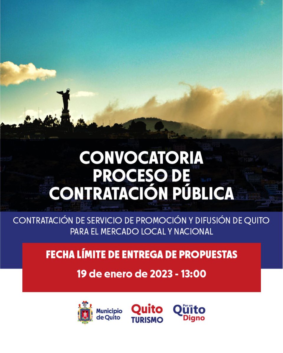 EPMQuitoTurismo's tweet photo. Participa en el proceso de "Contratación del servicio de promoción y difusión de Quito para el mercado local y nacional".

Más información ➡️ https://t.co/RnMwwCp89c

#PorUnQuitoDigno https://t.co/yqmAATQHfi