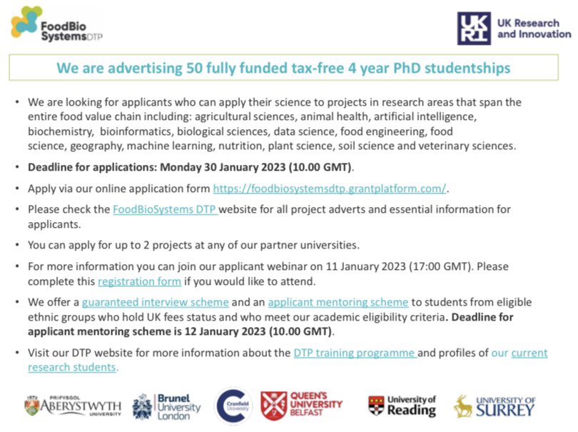 Rachel Smith (@drrachsmith) on Twitter photo RTs appreciated! 🪩 Interested in conducting research across the Agri-Food system? The <a href="/foodbiosystems/">FoodBioSystems DTP</a> has 50 fully funded PhD studentships up for grabs! More information below. Please apply/get in touch via the links in this thread if you are interested! 🥼👩🔬🧑🍳🧫🧀🌱 RTs appreciated! 🪩 Interested in conducting research across the Agri-Food system? The <a href="/foodbiosystems/">FoodBioSystems DTP</a> has 50 fully funded PhD studentships up for grabs! More information below. Please apply/get in touch via the links in this thread if you are interested! 🥼👩🔬🧑🍳🧫🧀🌱