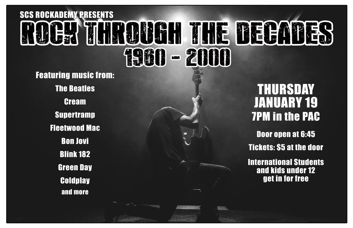SurreyChristian's tweet photo. Surrey Christian Rockademy presents: Through the Decades an evening celebrating rock music from the 1960's to 2000's. Thursday, January 19th at 7pm. Tickets are $5 at the doors. #scsRock #scsMusic #scsSecondary https://t.co/11kNwkKXl9