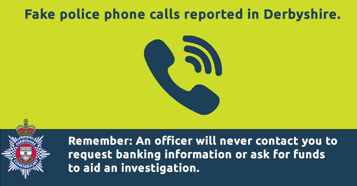 DerbysPolice's tweet photo. We have seen an increase in scam calls from fake police officers asking people to give money to couriers for a hoax investigation.

Please read the full message, and share with friends and family, as these scammers target the elderly and vulnerable: https://t.co/2uIMpIMVlL https://t.co/2Co94cOx6J