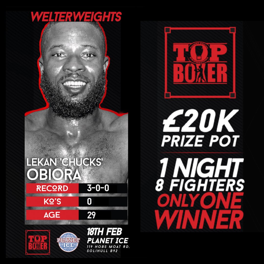 StAndrewsSC's tweet photo. EYES ON THE PRIZE 💰 

Lekan ‘Chucks’ Obiora has joined the Top Boxer Tournament ‘Winner Takes All’ run by Tommy Owens Promotions.

£20k Prize Pot
8 Fighters
1 Night

The event takes place 

Saturday 18th February 
Planet Ice
Solihull, West Midlands https://t.co/5JuA85uRWv