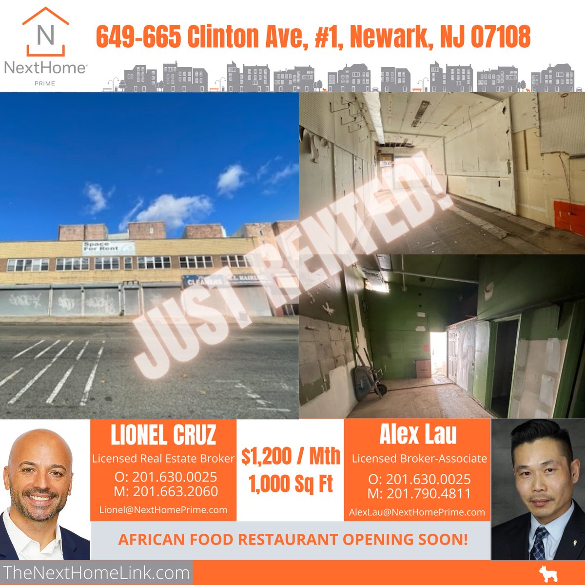 NextHome Prime JUST RENTED Unit 1 of 649-655 Clinton Ave in Newark, NJ!

#NextHomePrime #NextHome #JustRented #Rented #Rental #RetailSpace #RealEstate #Realtor #Market #WhosNext #EssexCounty #Newark #NewJersey #NJ #Broker #Brokerage #LionelCruz #BrokerAssociate #AlexLau…