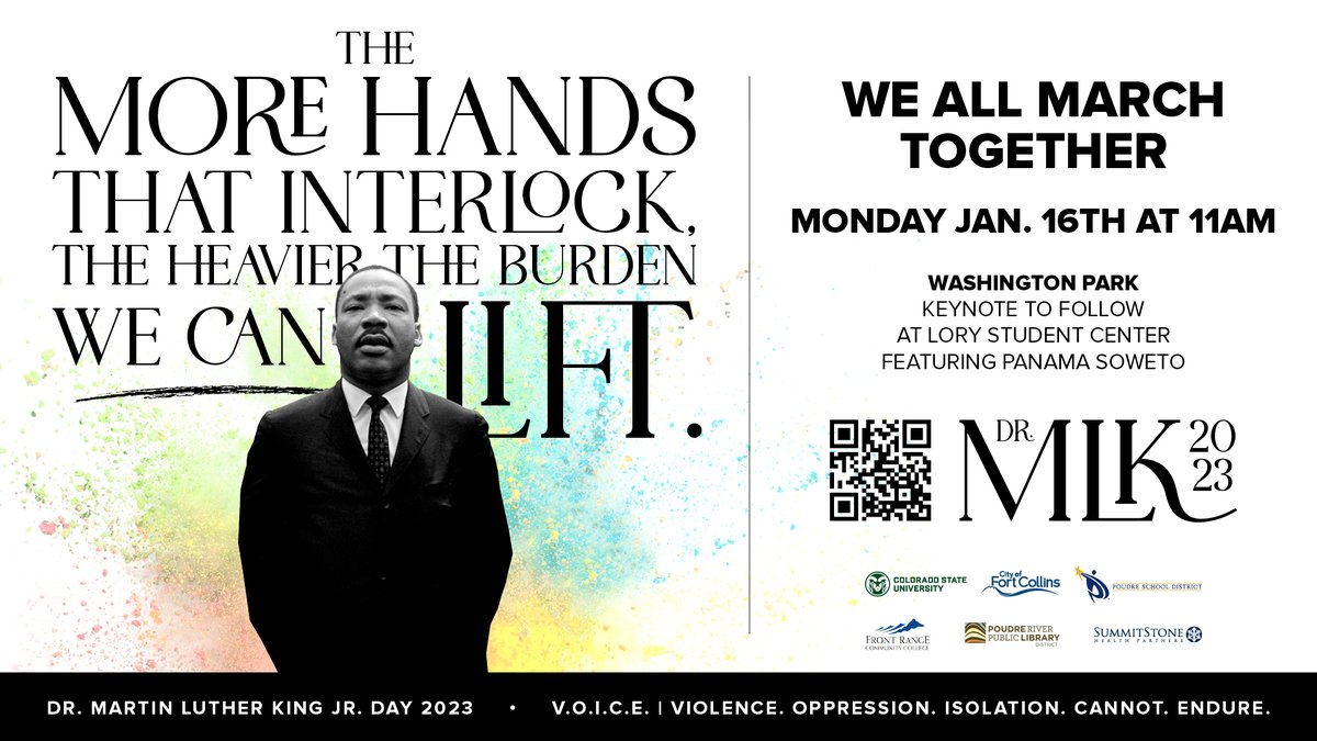 CSU and Fort Collins will celebrate #MLKDay2023 on Monday, Jan. 16, with a community march as well as a keynote by poet and political activist JC Futrell — known by the stage name Panama Soweto.

Learn more and make plans to join us ➡️ col.st/IgWgl