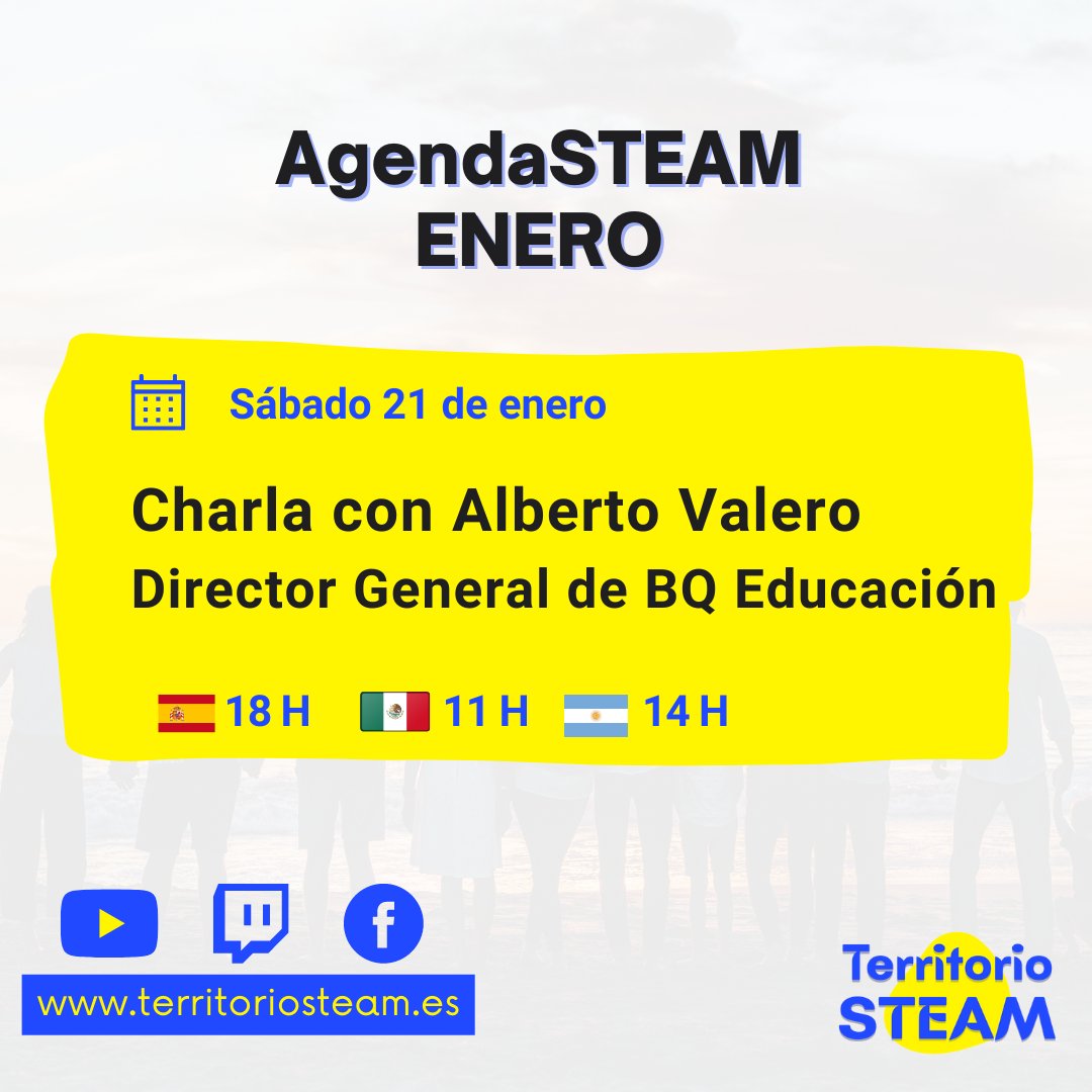 territoriosteam's tweet photo. 📢📢¡Publicamos agenda de Enero!
-Charla con Alberto Valero, director general de BQ Educación @BQEducacion
#educacionSTEAM #stemeducation #bMaker #bMakerSchool #bMakerAcademy #claustrovirtual #vocacionesSTEM #territorioSTEAM https://t.co/Iz0mBrGdkN