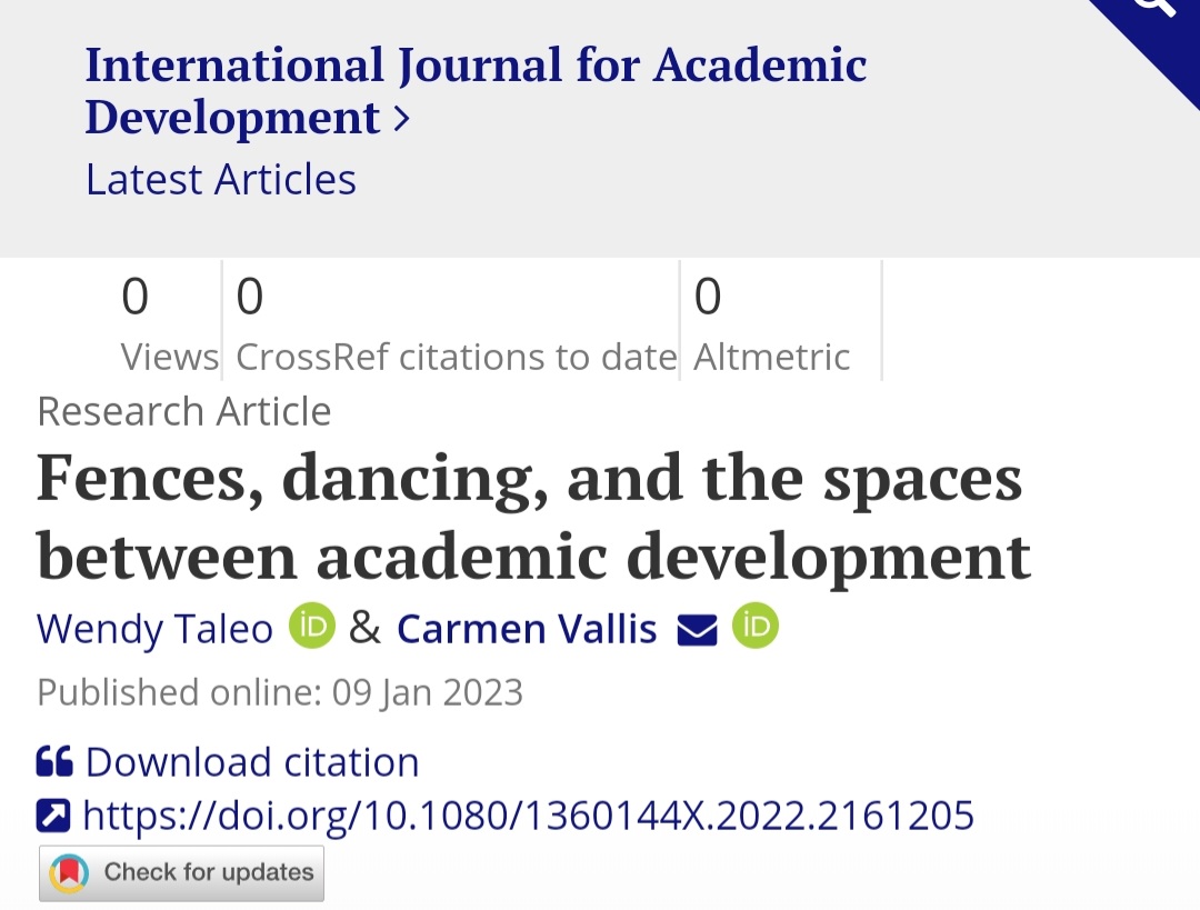 I'm dancing in the spaces! Happy to see vignette in publication.  Fences, dancing and the spaces between #academicdevelopment. Another @cjvallis writing/thinking collab. DM for a free eprint if journal access not available for you. @IntlJourAcadDev  doi.org/10.1080/136014…
