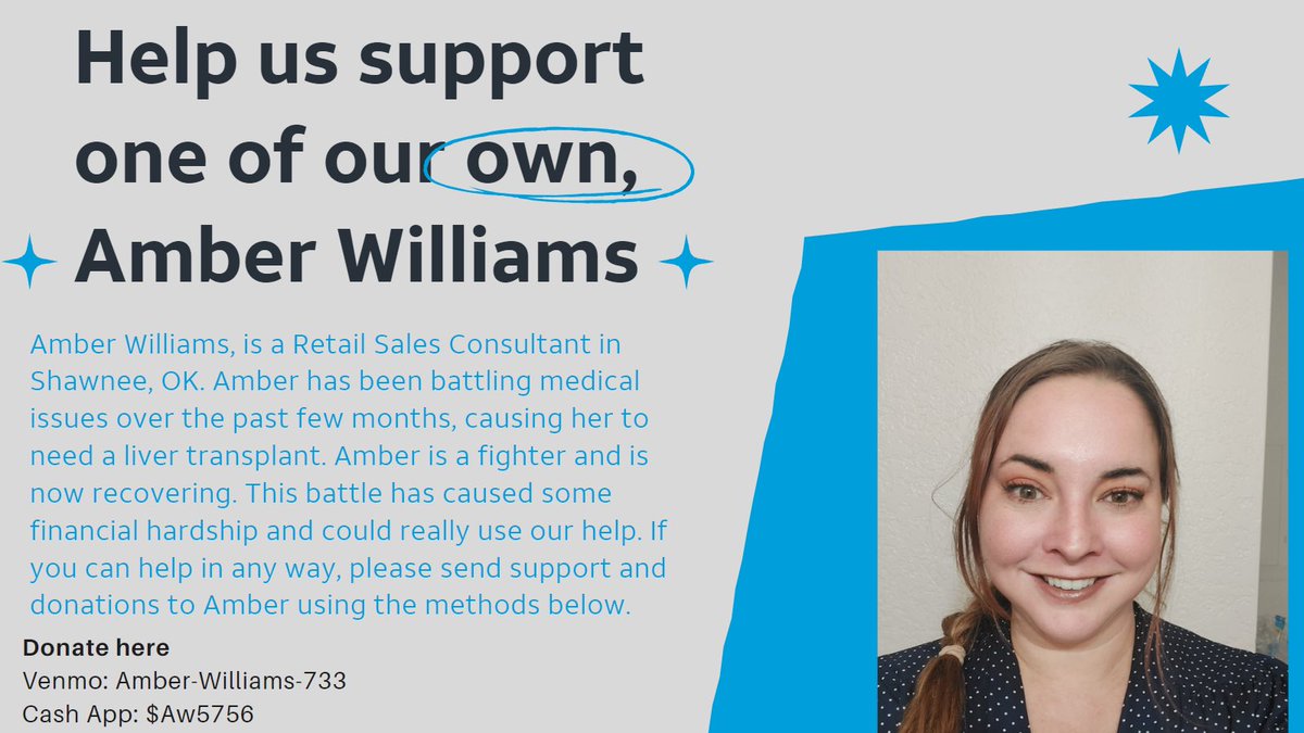 One of our own needs our help. Amber Williams, has been battling medical issues and needed a liver transplant. She is a fighter and is recovering. 

If you can help in any way and donate, please send directly to Amber via methods below:
Venmo: Amber-Williams-733
Cash App: $Aw5757