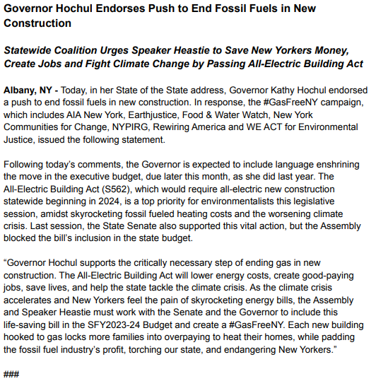 LizAGMoran's tweet photo. Highlights of @GovKathyHochul's 2023 #NYSOTS:
⚡️all-electric new construction! We join our partners in applauding the Governor's recommitment to this policy, and urge action starting in 2024! Statement here 👇 https://t.co/NddBFtCgt5