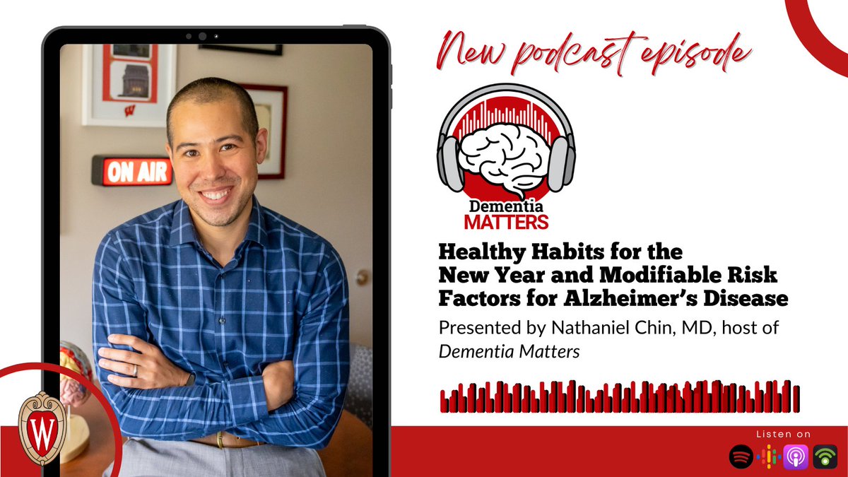 WisconsinADRC's tweet photo. Host @NathanielChinMD kicks off #2023 by discussing modifiable risk factors for #AlzheimerDisease, commenting on building healthy lifestyle habits for the new year, and reflecting as #DementiaMatters celebrates five years of production. Listen: https://t.co/n4WTviHNQp https://t.co/U6Wc5Xeduf