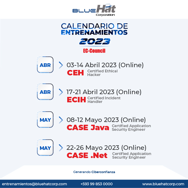 BlueHatCorp's tweet photo. ¡Reserva en tu agenda las próximas fechas de nuestros entrenamientos!
entrenamientos@bluehatcorp.com

#Cybersecurity #InformationSecurity #CEHv12 #CEH #CybersecurityTraining #CybersecurityCertification #ECCouncil #CyberCrime #CybersecurityCertification #CybersecurityTraining https://t.co/PjtZlkxfyM