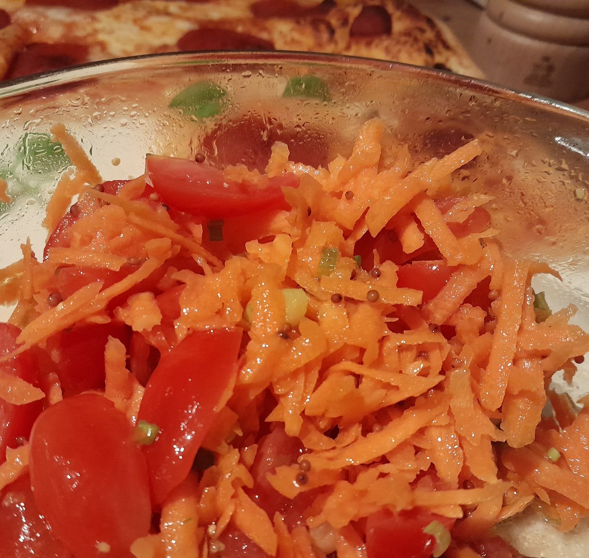 #CookJan 10/1 - puff pastry pizza with carrot salad. Pepperoni, mozzarella, and Boursin. Carrot, cherry tomatoes, and spring onions  in a wholegrain mustard dressing