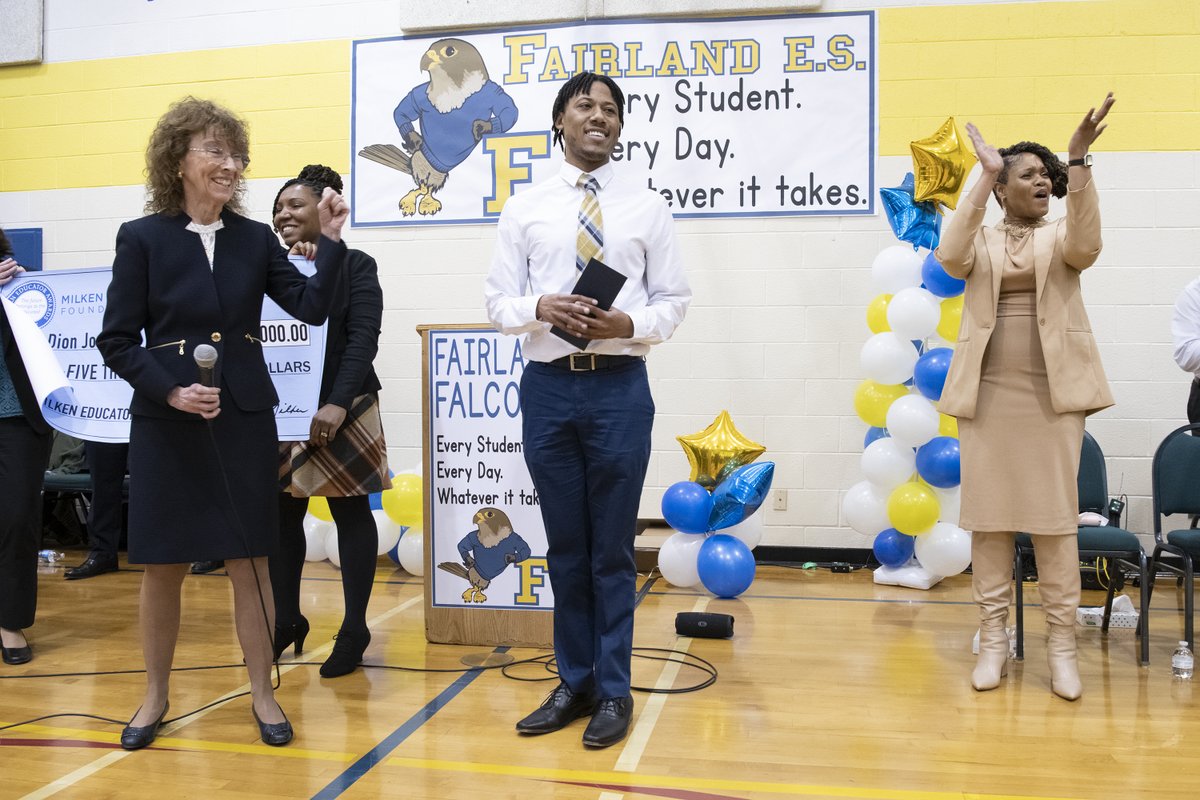 MCPS's tweet photo. A HUGE Congratulations to Fairland Elementary School teacher Dion Jones! Today Jones was surprised in front of an assembly to receive the Milken Educator Award this school year, one of only 40 educators across the country and the only one in Maryland! @milken @MdPublicSchools https://t.co/pi0vf5FFiC