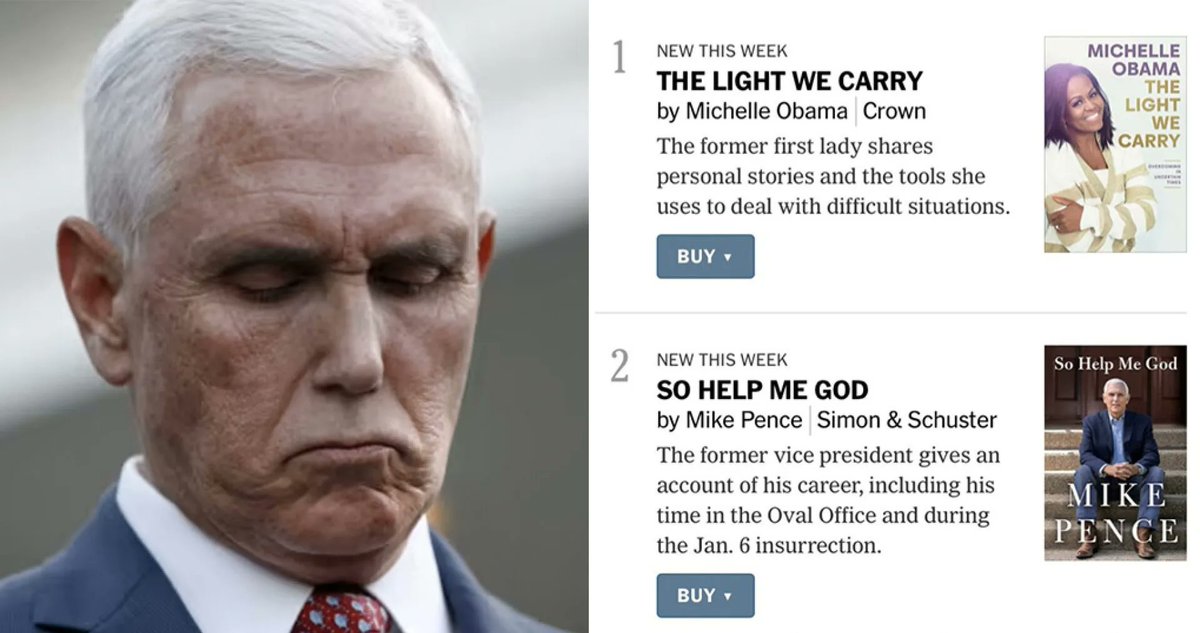 GrandpaSnarky's tweet photo. Mike Pence Humiliated After He’s Caught Buying Enough of His Books to Land on the Best Seller List (But Not Enough to Beat Michelle Obama) https://t.co/yNNyTUIAFr via @NicoleJames https://t.co/uvEvKc1f71