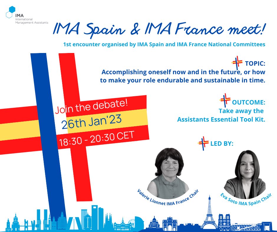 📢 1st IMA SPAIN and IMA FRANCE virtual encounter! 👏🏼
📆 26th Jan from 18.30 to 20:30 CET
💻 Visit our website: bit.ly/3IxayDM and 
👭 Join us: bit.ly/3X4XSZ9

🎟 Registration: lnkd.in/gxgXwpqS
#IMAisYourNetwork
#france #spain #future #networking