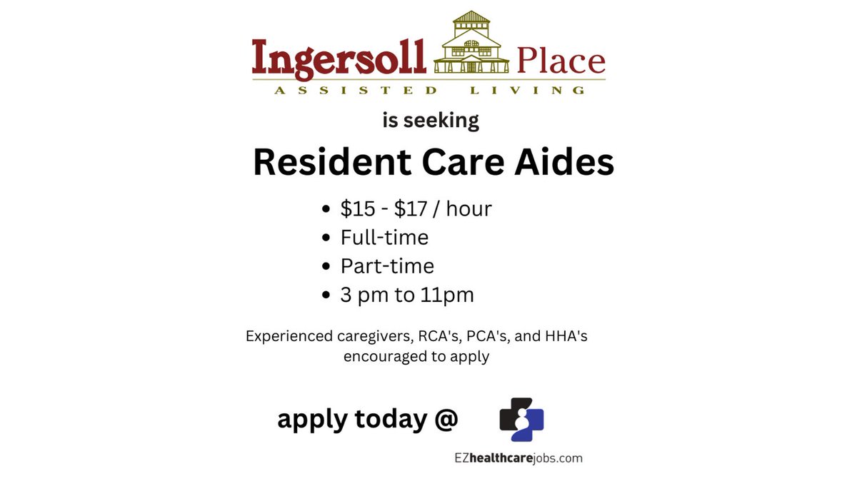 Ingersoll is hiring resident care aides – Full Time, Part Time, 3pm to 11pm. 
Apply at EZhealthcarejobs.com or click the link below 
hiring.ezhealthcarejobs.com/job/care-giver…  
#residentcare, #PCA, #RCA, #HHA, #health,  #seniorcare, #HHAjobs, #healthcarejobs, #Ingersoll