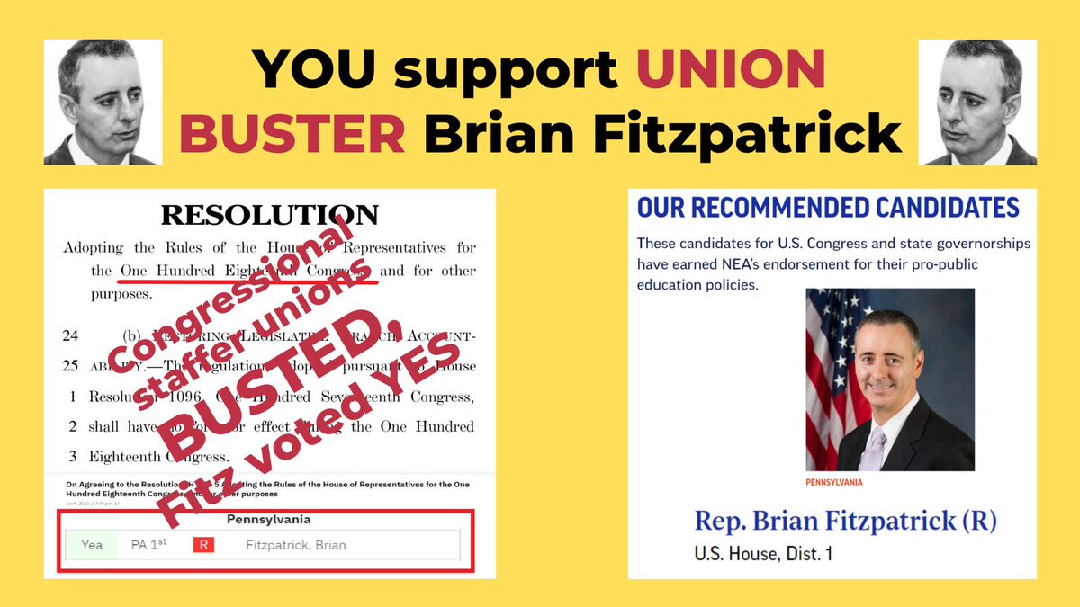 IndivisibleBUX's tweet photo. @NEAtoday, yesterday's #RulesPackage torpedoed the unionization efforts of Congressional staffers.
Brian Fitzpatrick voted YES on the #GOP union busting efforts.
YOU need to choose: are you #UnionStrong, or are you a backer of union busters?
You can't be both!
#DitchFitz #PA01 https://t.co/NpPWHqFOZF