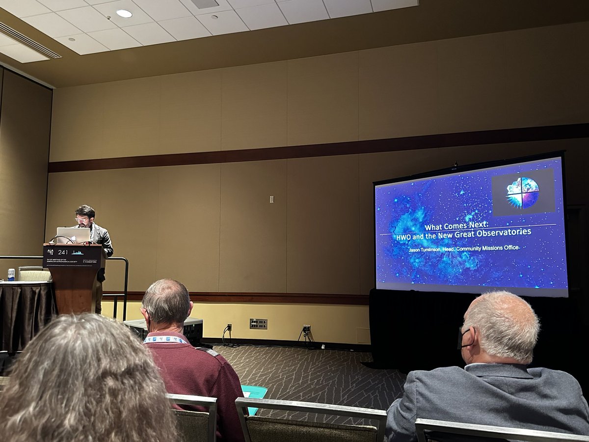 NewGreatObs's tweet photo. Dr. Jason Tumlinson on the New Great Observatories in room 608 right now! #AAS241 https://t.co/GIIeznWmOv https://t.co/BB4jK7khYa