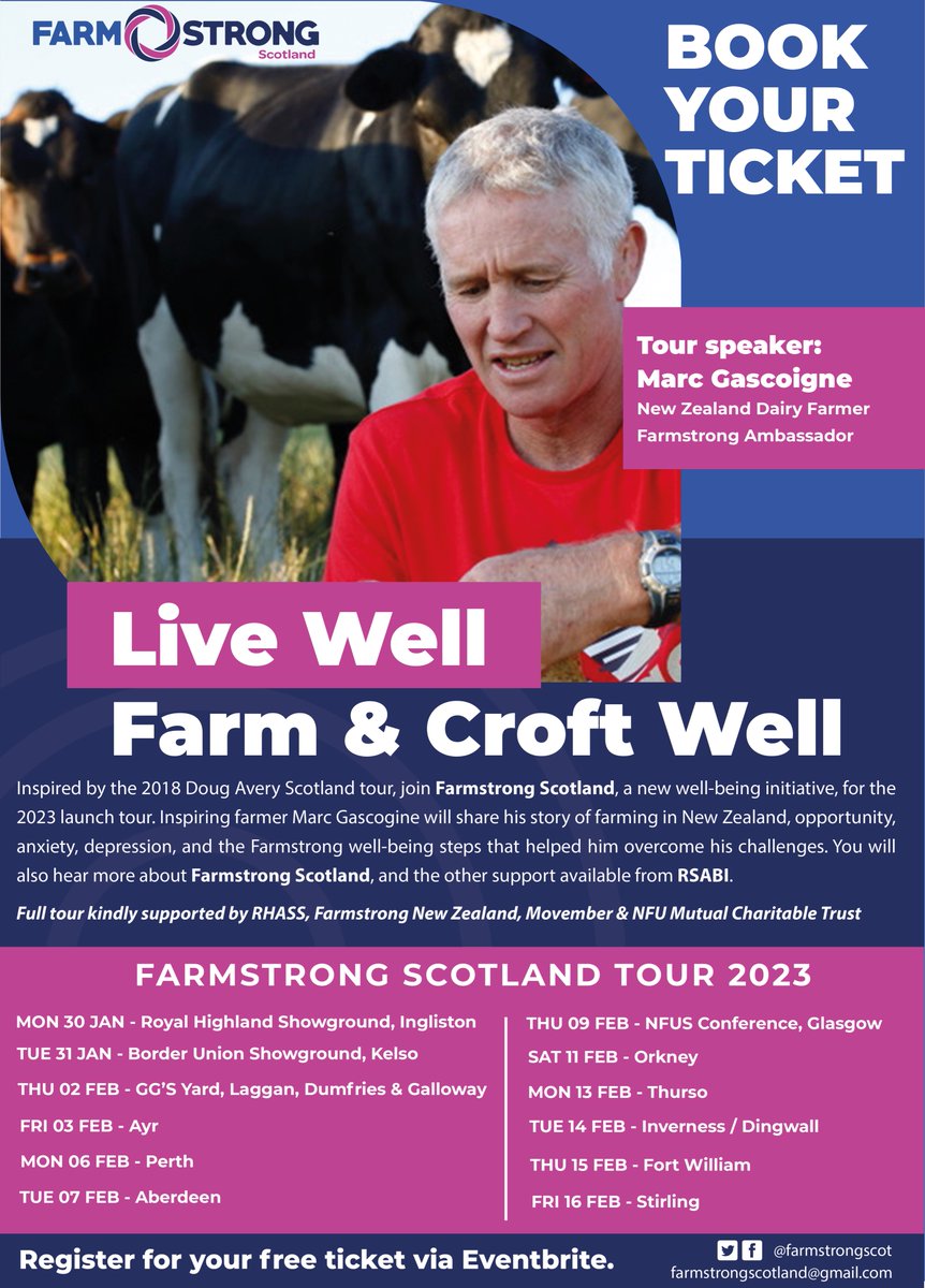 FarmstrongScot's tweet image. ⭐ @FarmstrongScot Tour 2023 - “Live Well, Farm and Croft Well"

Join us for our launch tour, bringing you 11 events across Scotland, with inspiring New Zealand farmer Marc Gascoigne who will sharing his personal story.

Book your free ticket - eventbrite.co.uk/o/farmstrong-s…