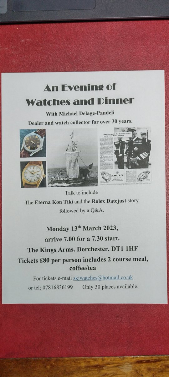Next Watches and Dinner Monday 13th March 2023, at the Kings Arms Dorchester. Subjects will be the Eterna Kon Tiki and the Rolex Datejust. Only 35 places, £80 per person 2 course dinner tea/coffee.
@DiscoverDorch #rolex #rolexdatejust #eterna #kontiki #watches #dorchester #dorset