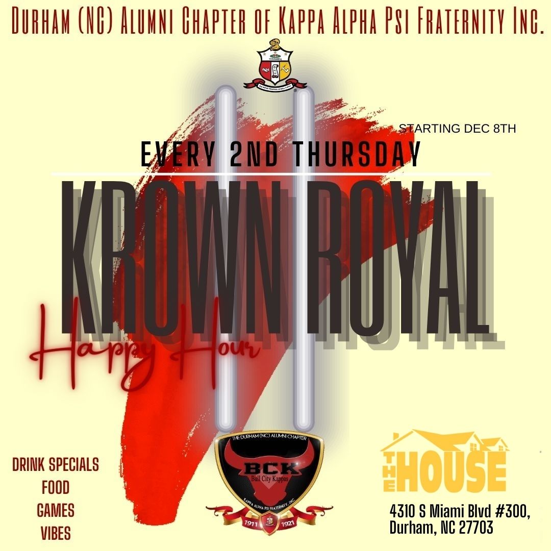 It's going down this Thursday, 6pm at The House on Miami Blvd. Join us for the Krown Royal Happy Hour - the premier social happy hour for Triangle professionals. Good Food , and drink specials.  Music and more.. FREE ENTRY...  #MeetTheNupes #DurhamNC