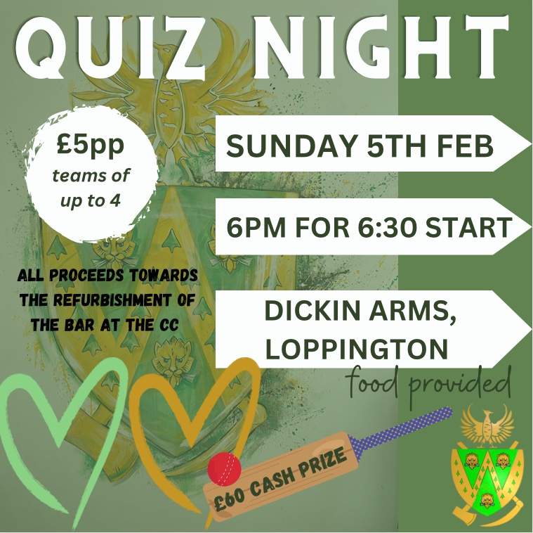 Wem CC (@wemcricketclub) on Twitter photo ๐๐QUIZ NIGHT๐๐
๐ Join us to have some fun and raise some funds for the refurbishment of the CC pavilion and bar
๐ SUNDAY 5th FEB
๐ 6pm for 6:30pm START
๐THE DICKIN ARMS, LOPPINGTON
๐FOOD PROVIDED
๐จโ๐ฉโ๐งโ๐ฆTEAMS OF UP TO 4
๐ฐยฃ5pp
๐any raffle prizes greatly appreciated! ๐๐QUIZ NIGHT๐๐
๐ Join us to have some fun and raise some funds for the refurbishment of the CC pavilion and bar
๐ SUNDAY 5th FEB
๐ 6pm for 6:30pm START
๐THE DICKIN ARMS, LOPPINGTON
๐FOOD PROVIDED
๐จโ๐ฉโ๐งโ๐ฆTEAMS OF UP TO 4
๐ฐยฃ5pp
๐any raffle prizes greatly appreciated!