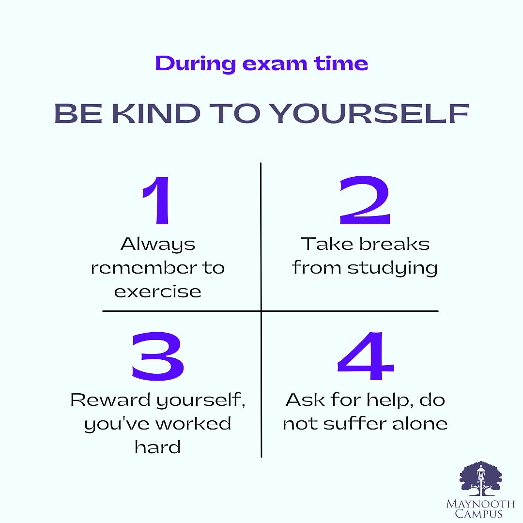 MaynoothCampus's tweet image. #tiptuesday 
Exam time can be very stressful! Always remember to be kind to yourself 🫶
#maynoothcampus #maynoothuniversity #sppu #examtips