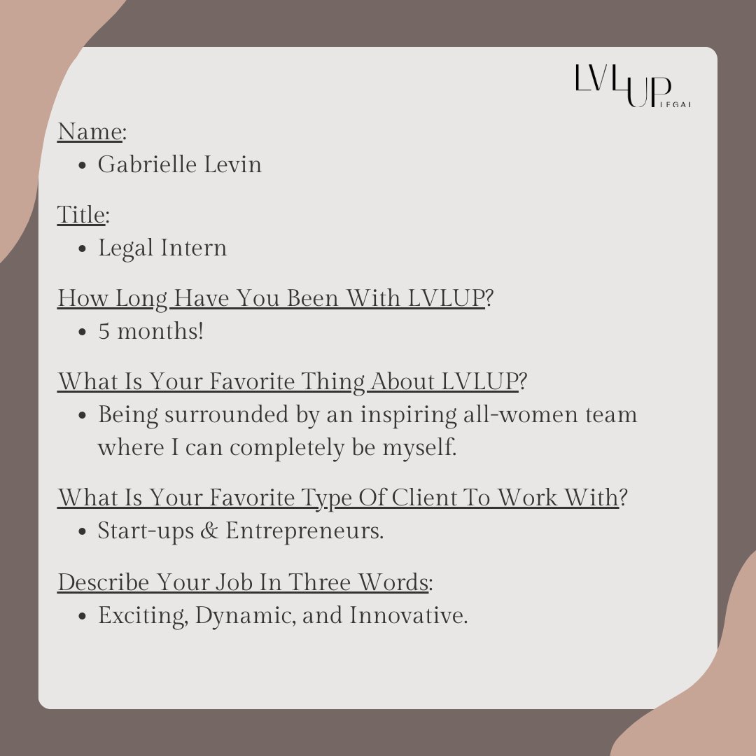 Continuing our Meet The Team Series - Meet our Legal Intern, Gabby Levin!

Swipe to learn more ➡️
.
.
.
#lvluplegal #meettheteam #team #legalteam #womeninlaw #legal #law #lawyer #attorney #nyc #womenfounders #lawfirm #teamlove #womenowned #womenownedbusiness #client