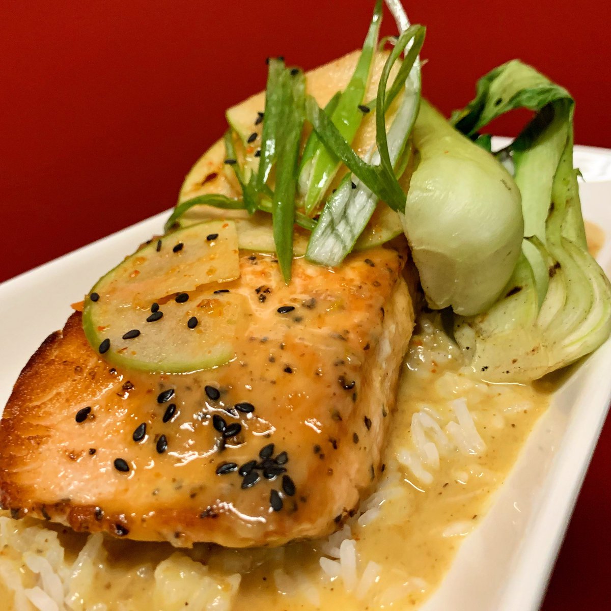 The perfect dish to kick off this week!
YELLOW CURRY SALMON
Seared Norwegian salmon in a yellow coconut curry sauce with a Togarashi apple ginger slaw, jasmine rice, grilled bok choy cilantro &amp; green onion!

#TrueCooks #ChefLife #JTNY #TasteJTNY #Foodie #JamestownFoodScene