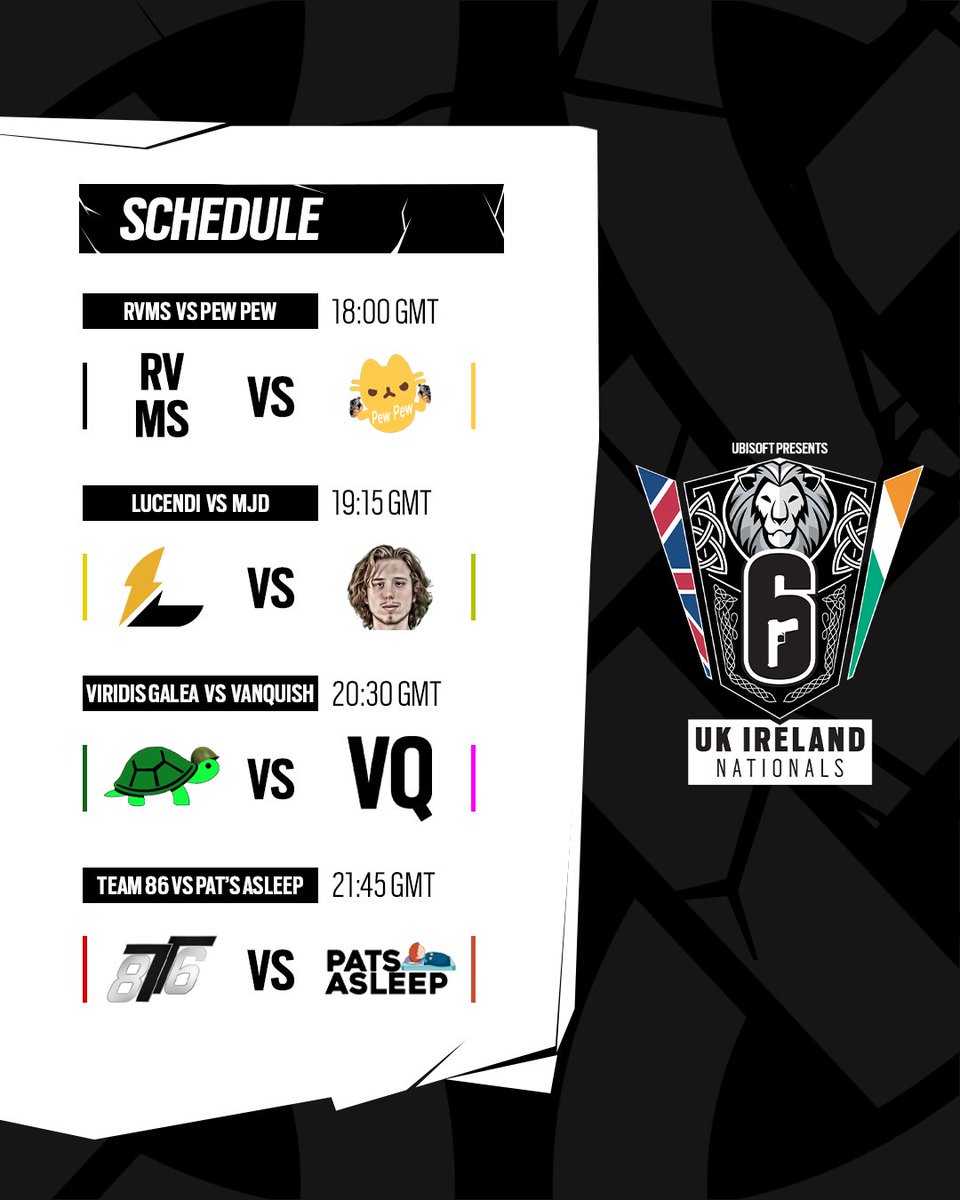 Rainbow Six Siege UK (@rainbow6_uk) on Twitter photo Cancel your plans, #R6UKI is BACK! ๐ฅ
<a href="/RVMSR6/">RVMS LFO</a> ๐ Pew Pew
<a href="/LucendiGaming/">Lucendi</a> ๐ MrJoe's Disciples
<a href="/ViridisGalea/">VIRIDIS GALEA (@ORG_A7)</a> ๐ <a href="/TeamVanquishR6S/">Vanquish (LFO)</a>
<a href="/Team86Official/">๐ฟ๐๐๐ ๐๐</a> ๐ Pat's Asleep
See you shortly! ๐
๐ 17:30 GMT
๐บ twitch.tv/rainbowsix_npl Cancel your plans, #R6UKI is BACK! ๐ฅ
<a href="/RVMSR6/">RVMS LFO</a> ๐ Pew Pew
<a href="/LucendiGaming/">Lucendi</a> ๐ MrJoe's Disciples
<a href="/ViridisGalea/">VIRIDIS GALEA (@ORG_A7)</a> ๐ <a href="/TeamVanquishR6S/">Vanquish (LFO)</a>
<a href="/Team86Official/">๐ฟ๐๐๐ ๐๐</a> ๐ Pat's Asleep
See you shortly! ๐
๐ 17:30 GMT
๐บ twitch.tv/rainbowsix_npl