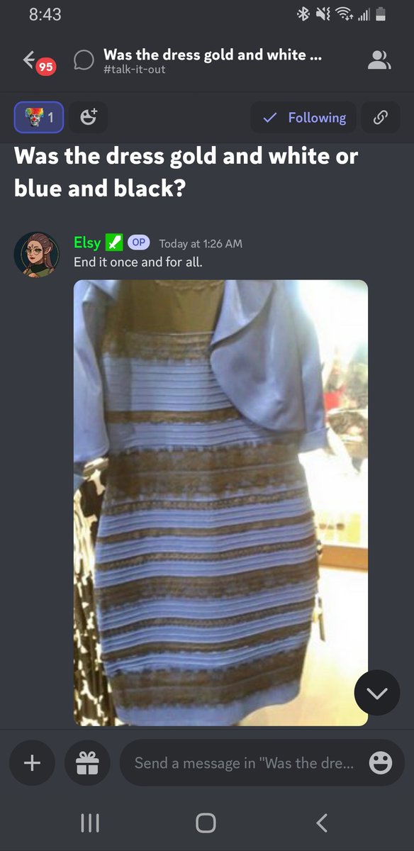 _GGOP_'s tweet photo. Once again this dress has come up in discussion... is it blue and black.. or white and gold...? Come join the debate now 🤣 https://t.co/jwkJcbSNxz  #whatcoloristhedress #ggop #debate #viral #LeftandRight #tuesdayvibe https://t.co/4aFGtkEnuP