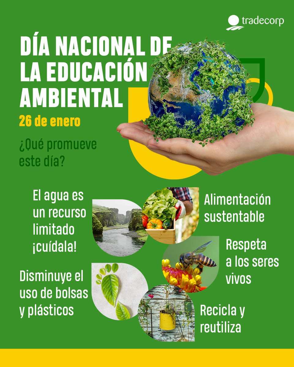 TradecorpMx's tweet photo. Hoy conmemoramos el Día Nacional de la Educación Ambiental con el fin de promover y crear conciencia del cuidado de nuestro planeta. En tradecorp seguimos fomentando el respeto los campos de todo el mundo ¡únete a esta iniciativa con acciones diarias! 🌎🙌

#efemeride #tradecorp https://t.co/01sNZux0px