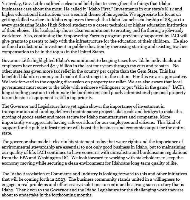 IACI1974's tweet photo. A statement from #IACI President, Alex LaBeau, on yesterday's #IDStateOfTheState from @GovernorLittle:
#IDLeg #IDPol #Idaho #IdahoBusiness https://t.co/QQFmwut0Iw