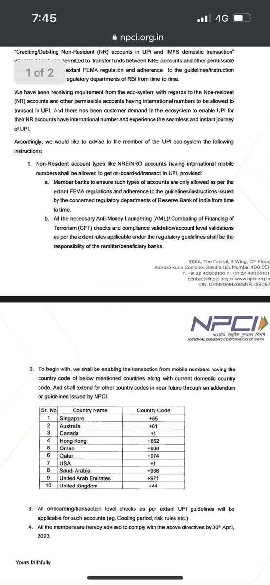 Lovely move by <a href="/NPCI_NPCI/">NPCI</a>  enabling non resident Indian accounts with International mobile numbers from below countries to access #UPI! Excellent for e-commerce/exports and remittances 🎉 #digitalindia npci.org.in/PDF/npci/upi/c…