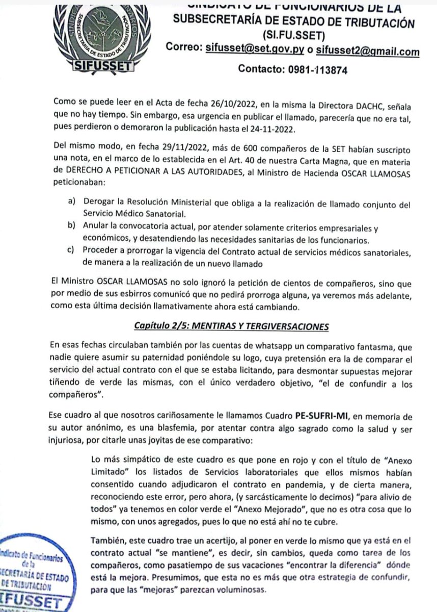 SetSindicato's tweet photo. Señor Ministro @OscarLlamosas , ¿qué está pasando con el llamado del Seguro Médico del MH?
Somos 2.300 funcionarios y familiares que dependemos de Usted. HAGA ALGO BUENO POR PRIMERA VEZ EN SU VIDA
@MaritoAbdo @OscarOrue @LaNacionPy @ABCDigital @UltimaHoracom @ABCCardinal @780AM https://t.co/AvyCBsE4MQ