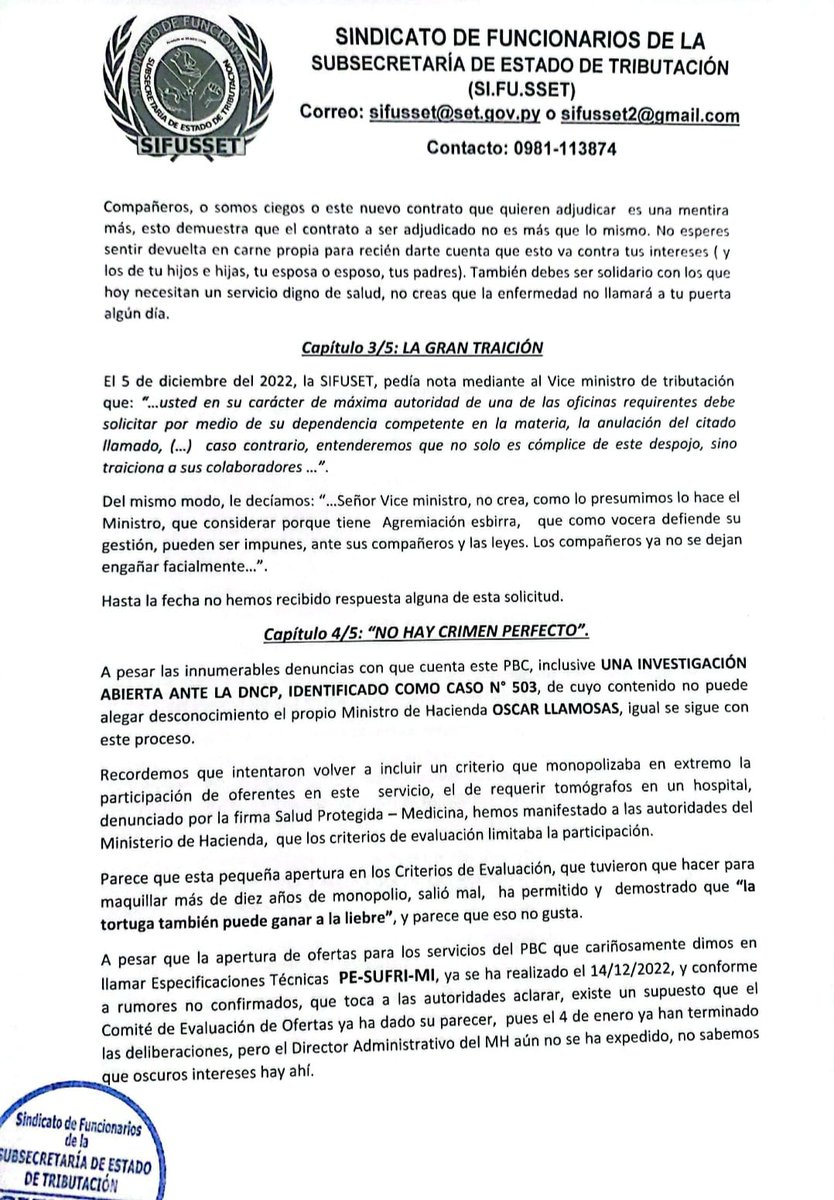 SetSindicato's tweet photo. Señor Ministro @OscarLlamosas , ¿qué está pasando con el llamado del Seguro Médico del MH?
Somos 2.300 funcionarios y familiares que dependemos de Usted. HAGA ALGO BUENO POR PRIMERA VEZ EN SU VIDA
@MaritoAbdo @OscarOrue @LaNacionPy @ABCDigital @UltimaHoracom @ABCCardinal @780AM https://t.co/AvyCBsE4MQ