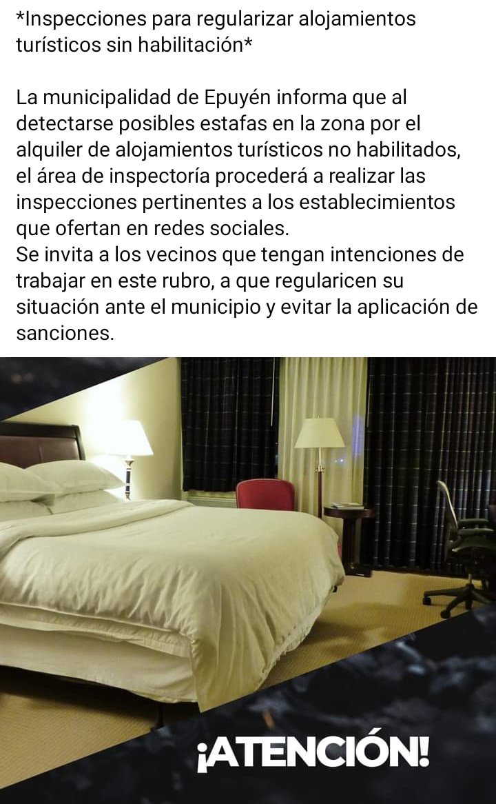La Municipalidad de Epuyén envío un comunicado sobre los alojamientos no habilitados.