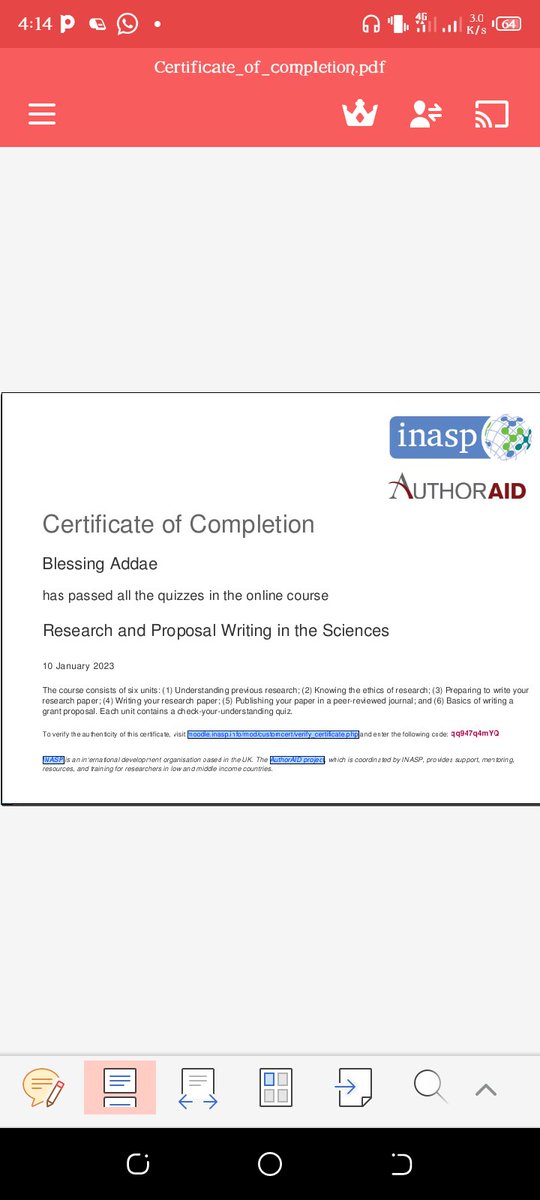 BlessingAddae5's tweet photo. So happy to complete the online course in Research and Proposal Writing in the Sciences organized by
@Dataking_Global
@INASPinfo
@authoraid
I am very grateful to them for the opportunity.
#INASP
#AuthorAIDGhanaHub #DatakingResearchLab #DatakingConsulting https://t.co/YRcscposWA