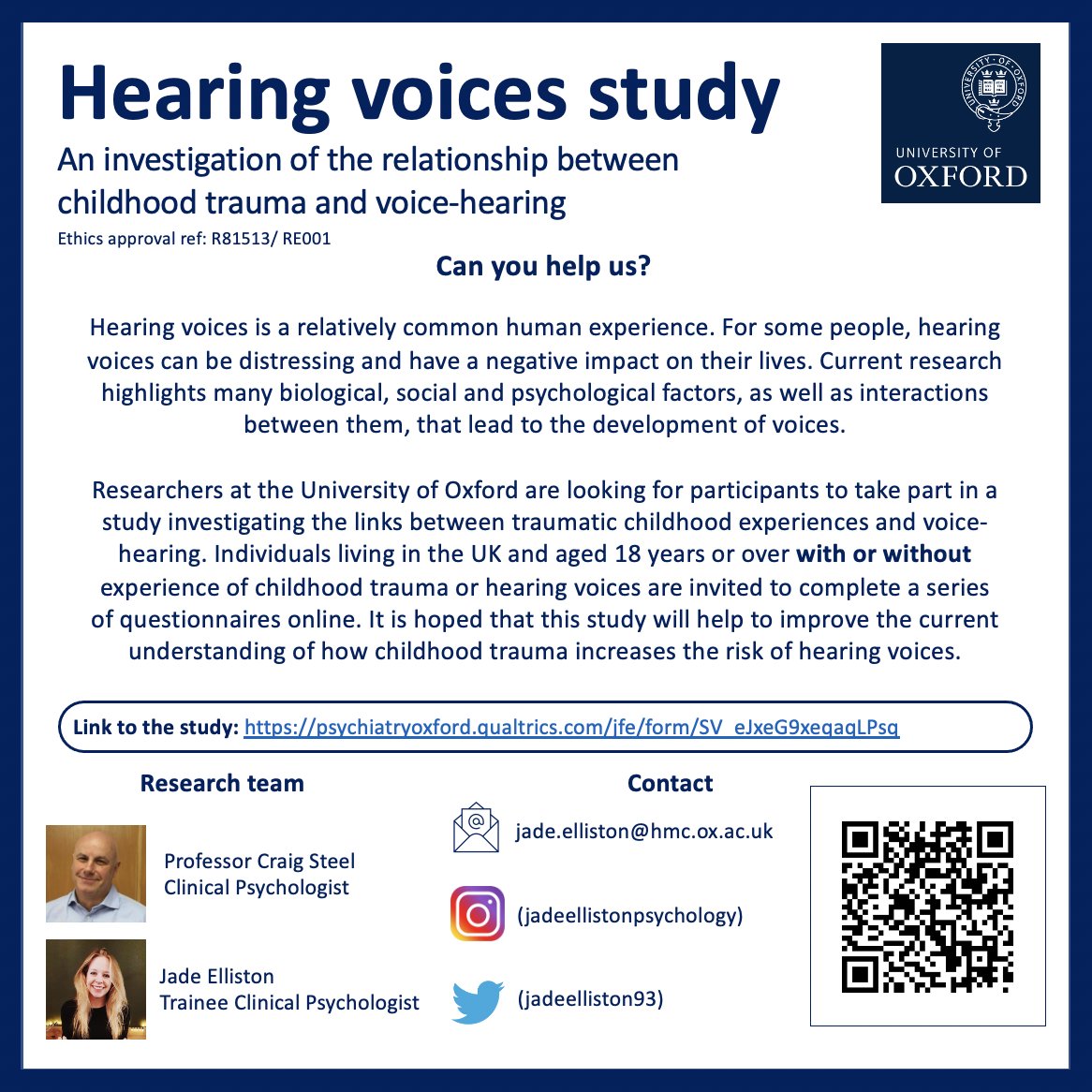 ❗️Research alert❗️

If you can spare 20 minutes, please consider participating in our study investigating links between traumatic childhood experiences and voice-hearing.

psychiatryoxford.qualtrics.com/jfe/form/SV_eJ…

Please send any questions to jade.elliston@hmc.ox.ac.uk 

Thank you 😀

Please RT!