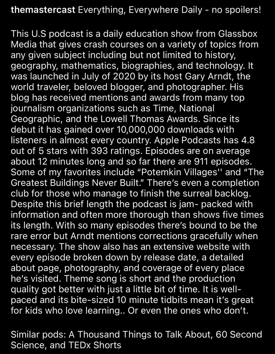 New podcast recommendation! No spoilers! Full review in the second photo. If you prefer to listen to this review instead of read it, you can search for The Mastercast wherever you listen to podcasts.

#podcast #PodcastAndChill #PodcastRecommendations <a href="/EverywhereTrip/">Gary Arndt</a>